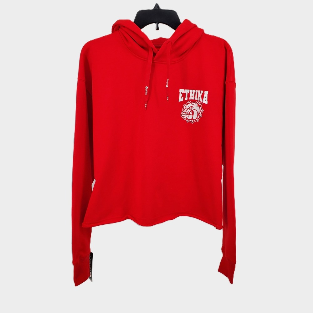 Ethika Womens Medium Bulldog Graphic Raw Edge Cropped Hoodie Sweatshirt Red New